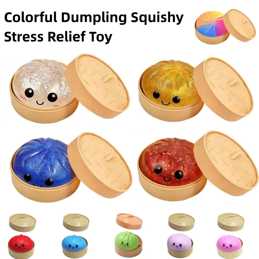 Colorful Dumpling Squishy Stress Relief Toy with Steamer Reusable Dough Ball Squeeze Rebound Sensory Fidget Toy Office Gift